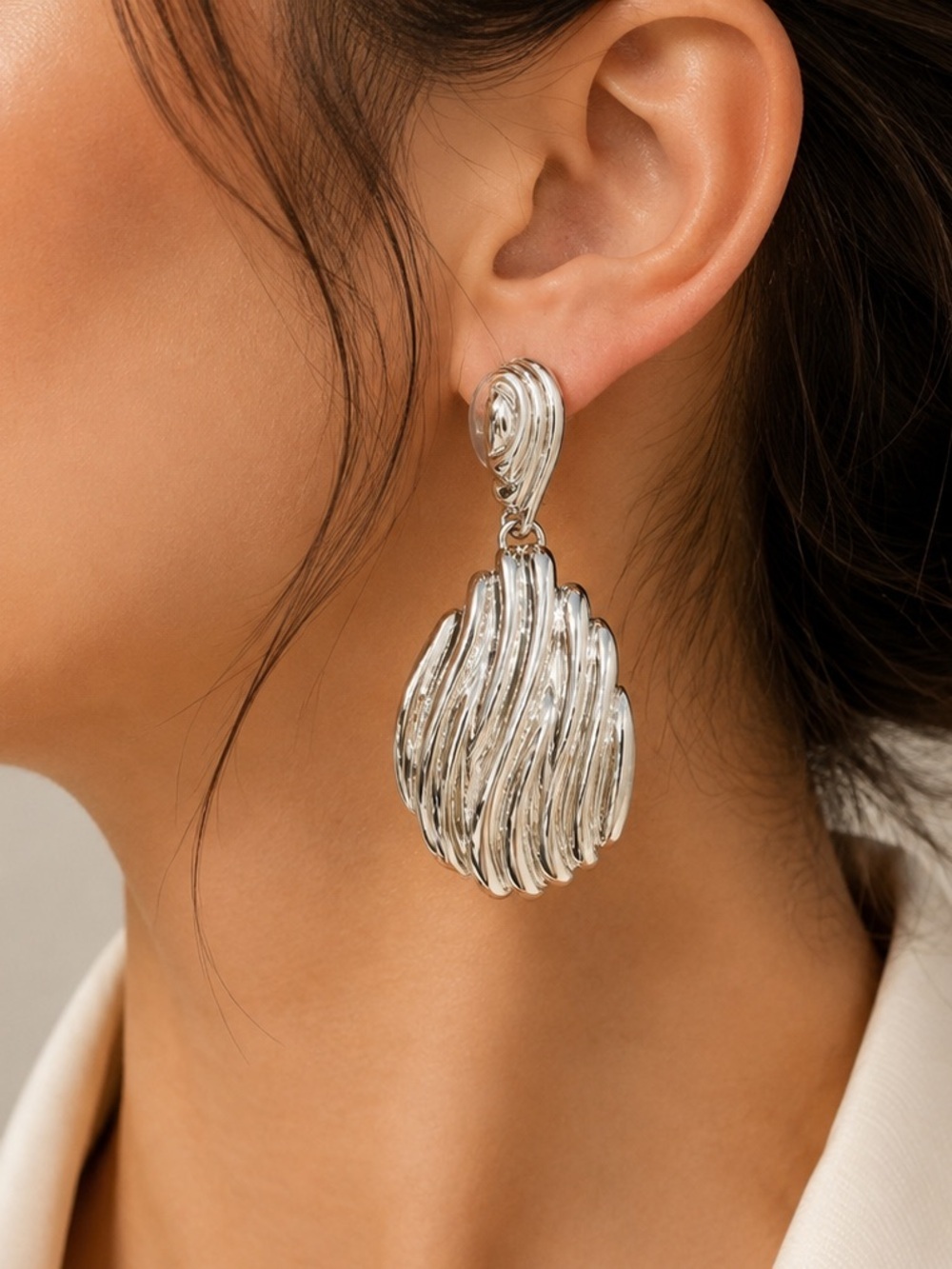 Silver Tone Textured Statement Drop Earrings
